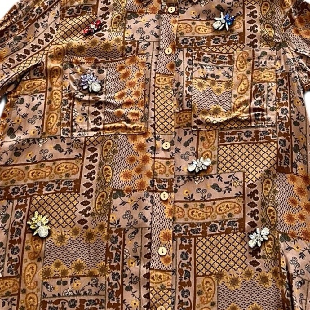 NEW blue b Brown Burnt Orange Navy Paisley Jeweled Rhinestone Button Up Shirt - Picture 3 of 5
